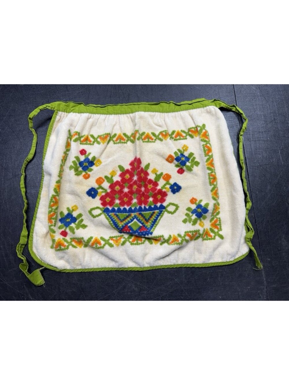 Vintage Terry Dish Cloth Towel Apron With Retro Flowers Orange Green Blue Red